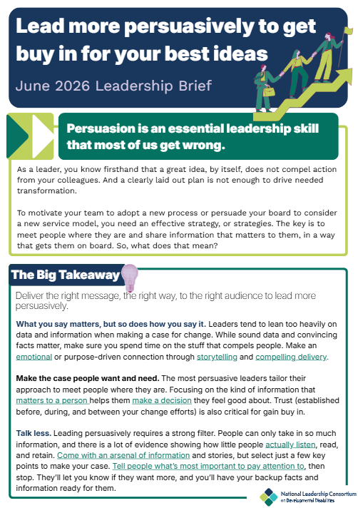 Graphic for the June 2026 Leadership Brief highlighting persuasive leadership through tailored messaging, compelling stories, and clear, concise communication.